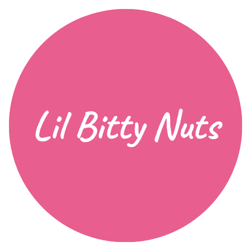 A pink circle with the words lil bitty nuts written in it.